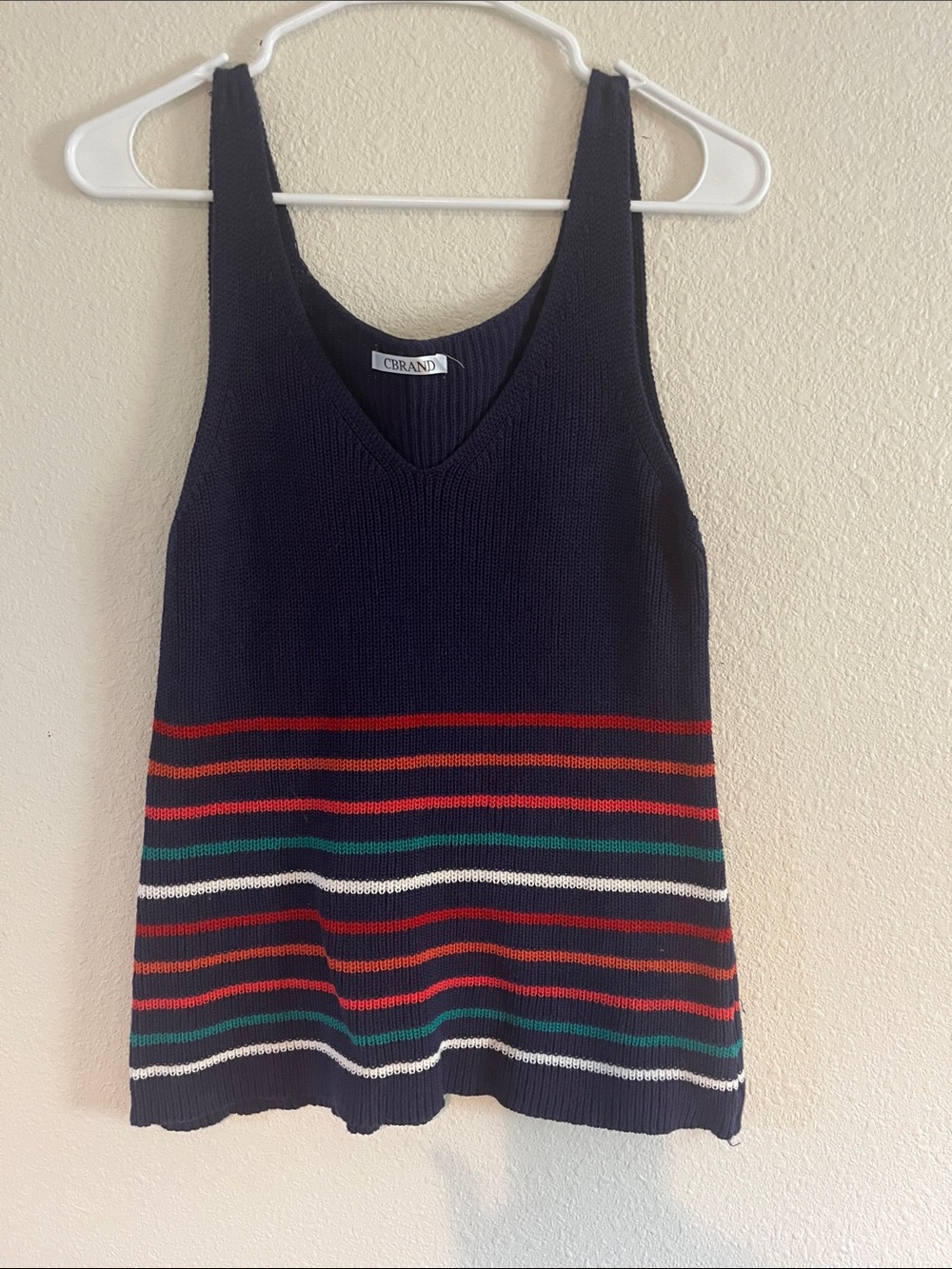 Navy Knit Tank with Red, Green & White Stripes.  Cotton blend.  L